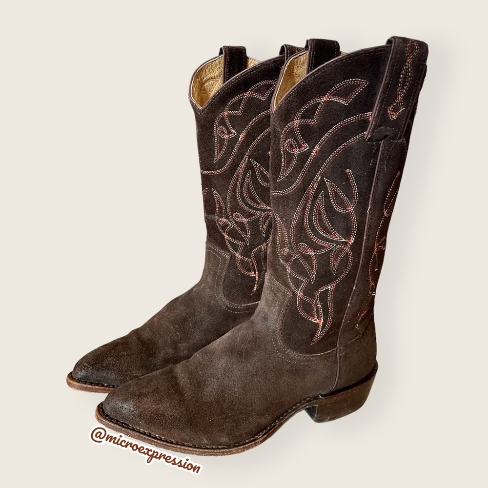 Frye Billy Vintage Brown Suede Embroidered Pull-On Cowgirl Pointed Toe Cute Boot - Picture 7 of 13
